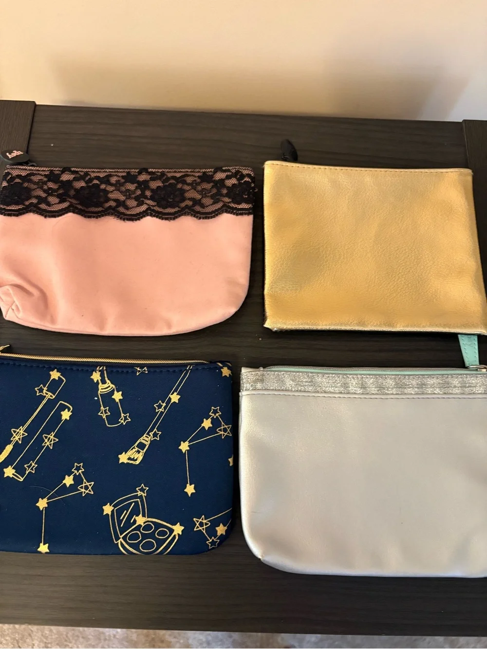 ipsy Pink & Black Lace Cosmetic Pouch - Gold, Navy & Silver Assortment